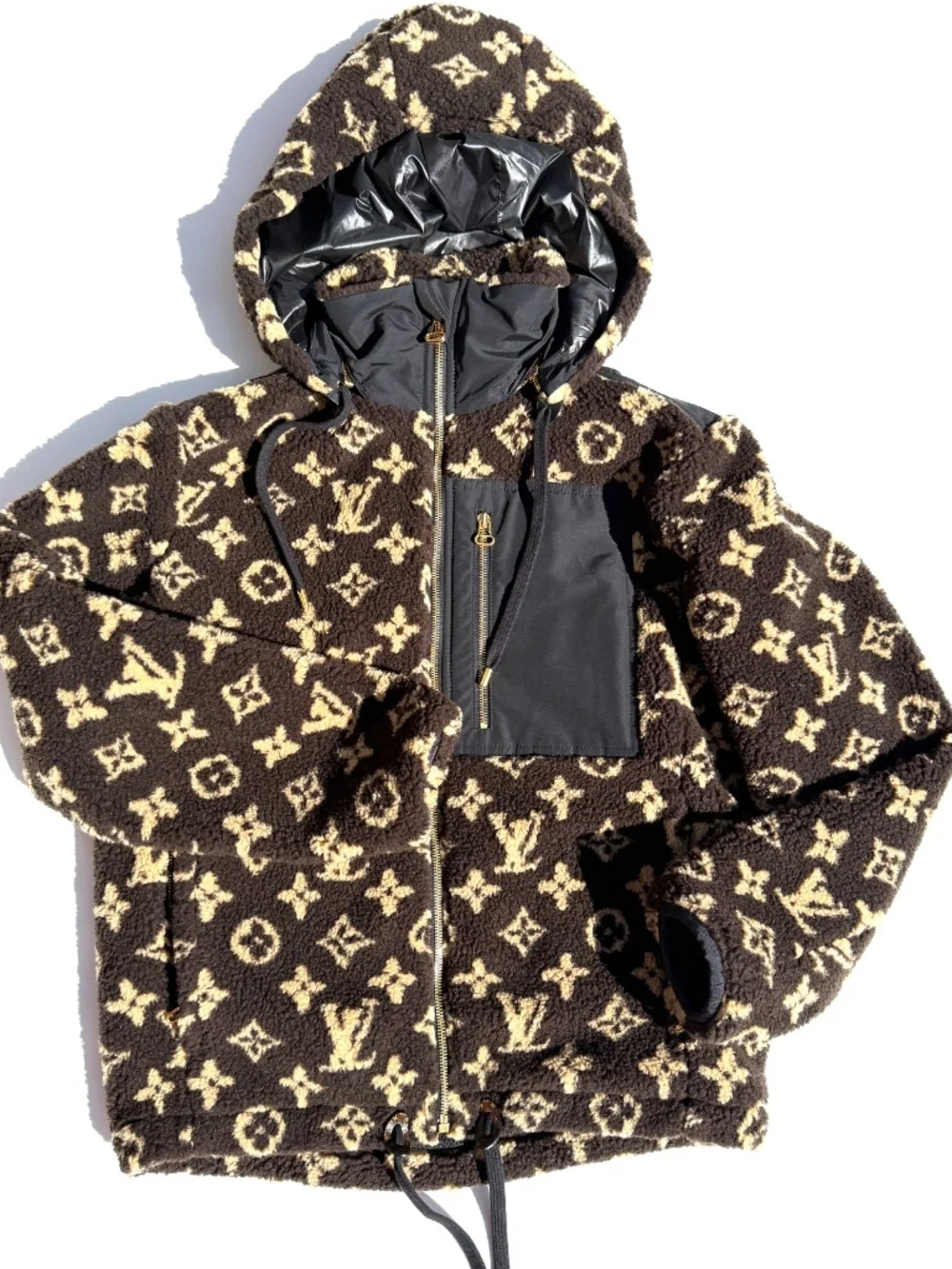 LOUIS VUITTON Monogram Fleece Hooded Brown Black Jacket Coat 36